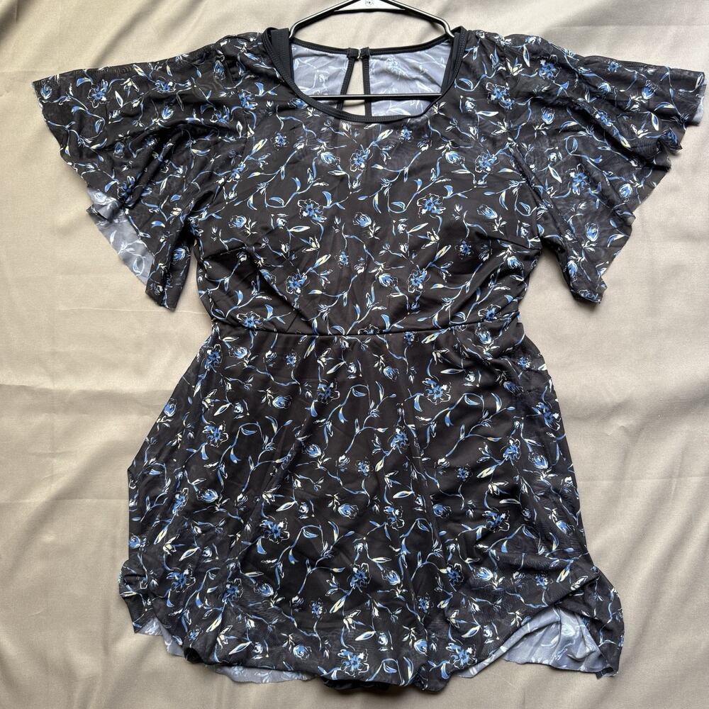 Bloomchic Swim Dress Womens 10 Black Blue Cover Up One Piece Swimsuit Floral